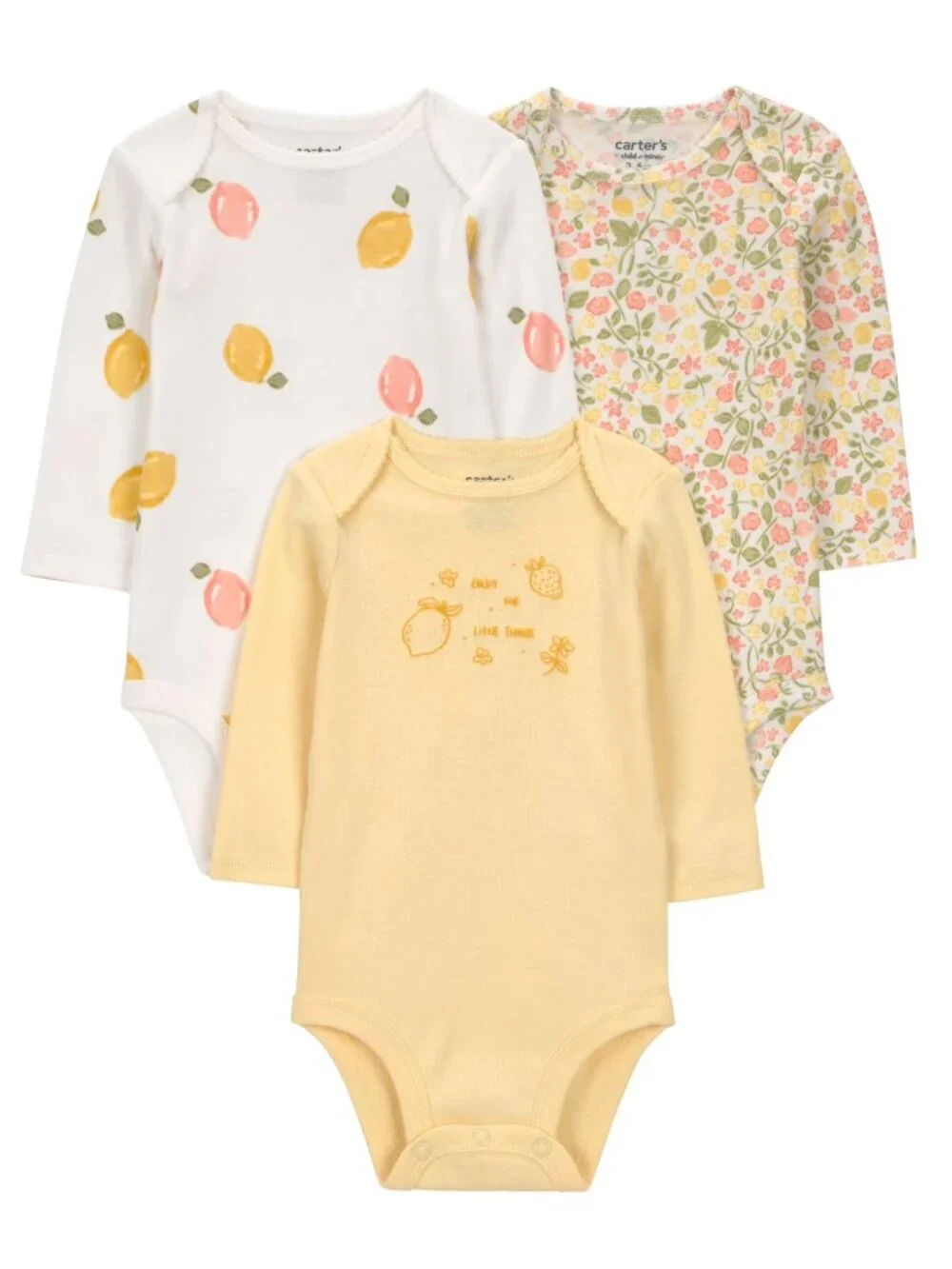Carter's Child of Mine 3-Pack Cotton Baby Bodysuits, Lemon Floral, Preemie NWT